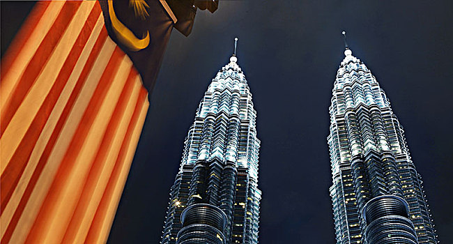 双子塔,夜晚,马来西亚,旗帜,吉隆坡,亚洲