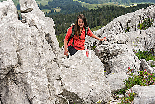 女人,远足,喀斯特地貌,地点,风景,生物保护区,entlebuch,瑞士