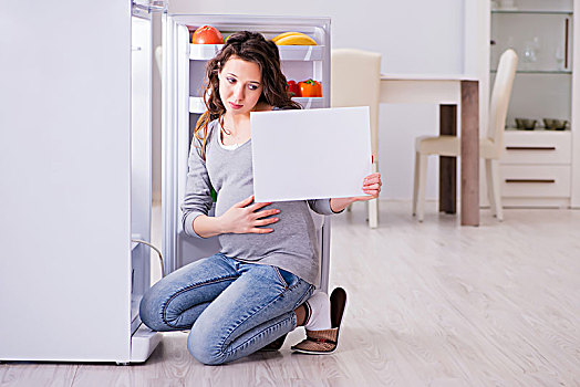 孕妇,靠近,电冰箱,留白,信息