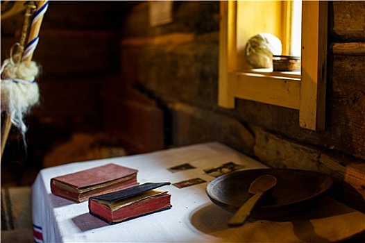 乡村,旧式,木头,厨房用桌,书本,炊具