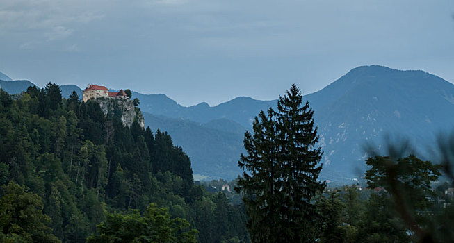 城堡,上方,布莱德湖,斯洛文尼亚,暗色,天气