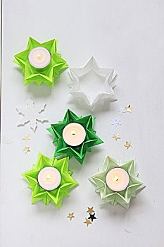 折叠,绿色,纸,星,茶烛,固定器具