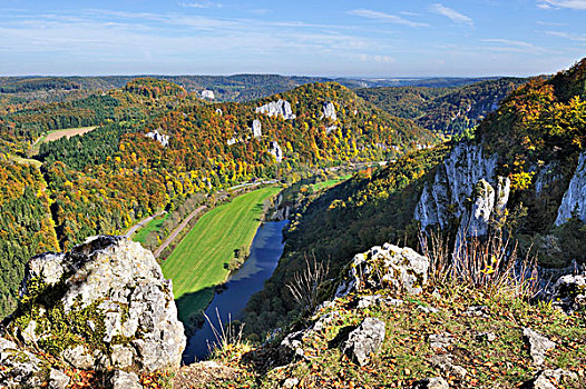 风景,石头,上方,多瑙河,山谷,秋天,植被,锡格马林根,地区,巴登符腾堡,德国,欧洲
