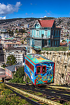 房子,彩色,有轨电车,索道,铁路,瓦尔帕莱索,智利