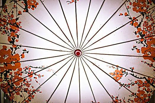 倒挂在屋顶的中国传统牡丹油纸伞