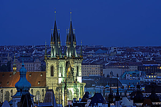 教堂,我们,女士,晚上,老城广场,老城,布拉格,波希米亚,捷克共和国,欧洲