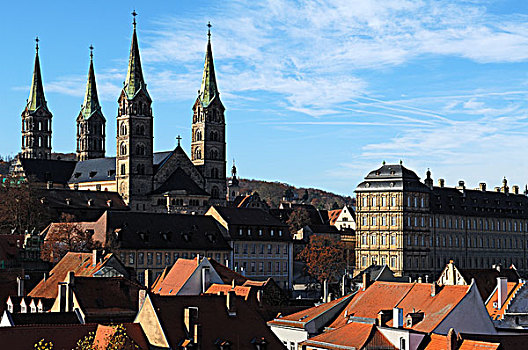 风景,塔,城堡,城市,大教堂,左边,宫殿,右边,班贝格,上弗兰科尼亚,巴伐利亚,德国,欧洲