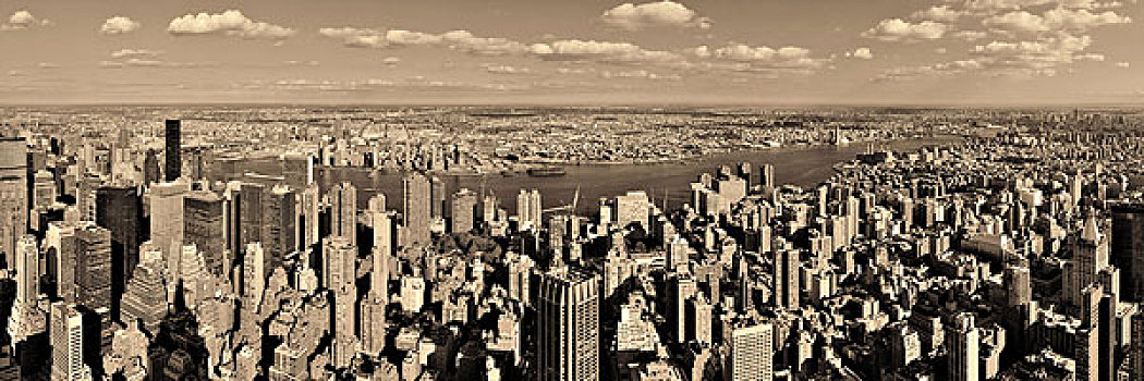 纽约,曼哈顿,东方,侧面视角,全景,摩天大楼,东河,黑白
