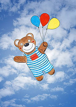 高兴,泰迪熊,绘画,水彩画,上方,天空