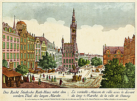 历史,风景,城镇,格丹斯克,色彩,雕刻,奥格斯堡,一半,18世纪,世纪,有资格的,兰根