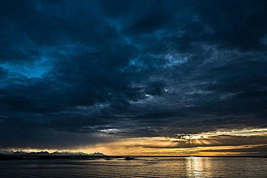 日落,海岸,罗弗敦群岛,挪威,欧洲