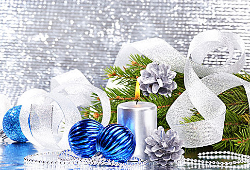 蓝色,圣诞节,彩球,银,蜡烛,上方,鲜明,背景