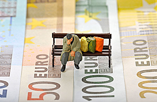 多样,欧元,货币,微型,无家可归,人,公园,长椅,象征,图像,金钱,危机,充气,破产
