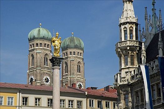 玛利亚广场,尖顶,圣母教堂,柱子,右边,慕尼黑,上巴伐利亚,德国