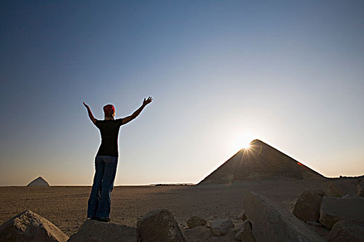 女青年,游客,手臂,太阳,红色,金字塔,埃及