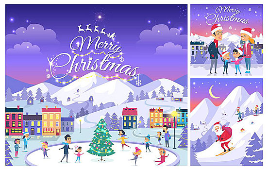 圣诞快乐,抽象拼贴画,人,度假,贺卡,设计,庆贺,圣诞节,高兴,冰,滑冰场,房子,背景,兴奋,家庭,户外,滑雪,圣诞老人,礼物,卡通,风格,矢量