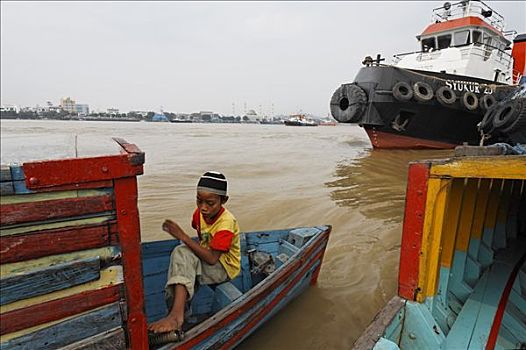 男孩,小,渡轮,河,婆罗洲,印度尼西亚