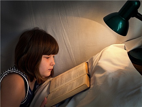 少女,读,书本,床,夜晚