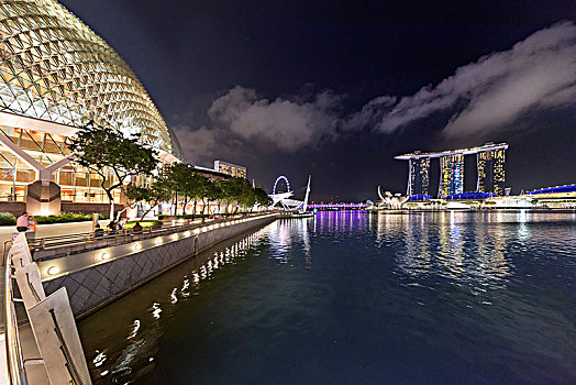 新加坡,全景,新加坡河,水岸,散步场所,滨海休闲区,剧院,飞行者摩天轮,螺旋,桥,码头,沙