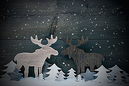旧式,圣诞装饰,驼鹿,情侣,相爱,雪花