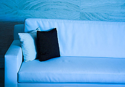蓝色色调,两个,装饰,枕头,现代,沙发