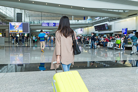 后视图,女人,走,行李,香港国际机场