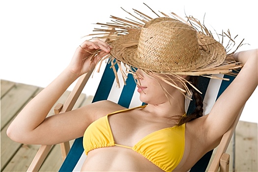 海滩,女人,草帽,黄色,比基尼,日光浴