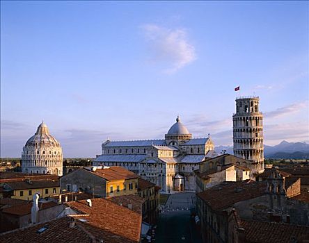 斜塔,比萨斜塔,中央教堂,洗礼堂,砖瓦,屋顶,比萨,托斯卡纳,意大利
