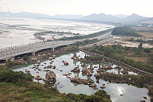 远眺,装饰,岩石花园,塔,佛教寺庙,汕头,中国