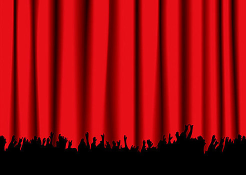 红色,天鹅绒,音乐会,舞台幕布,剪影,一堆,手