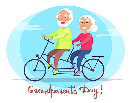 祖父母,白天,老年,夫妻,自行车,矢量,海报,骑,祖母,爷爷,坐,一起,明信片,圆,白色背景