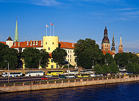 交通,西部,塔,城堡,教堂,道加瓦河,河,老城,拉脱维亚