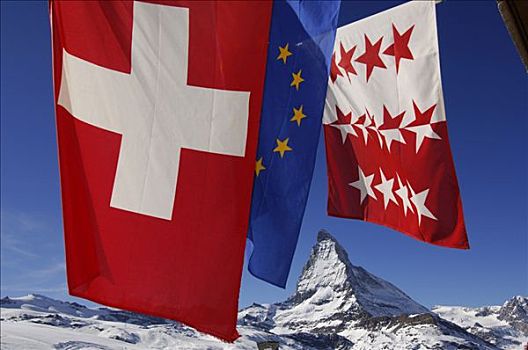 瑞士,欧洲,旗帜,山区木屋,背影,马塔角,策马特峰,沃利斯,瓦莱