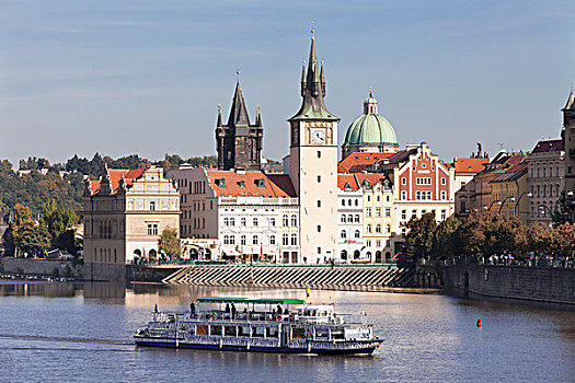 游船,伏尔塔瓦河,斯美塔那,博物馆,旧城桥塔,布拉格,波希米亚,捷克共和国,欧洲