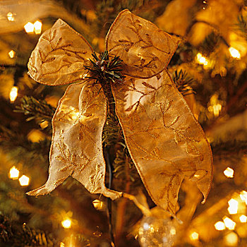 金色,刺绣,蝴蝶结,圣诞树