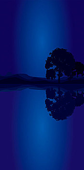抽象,蓝色,树,山,剪影