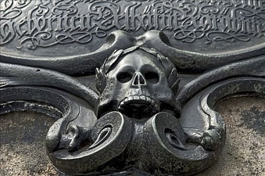 头骨,花环,特写,金属,墓地,纽伦堡,巴伐利亚,德国