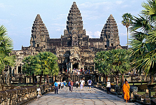 柬埔寨,吴哥窟,和尚,走,过去,旅游,正面,庙宇