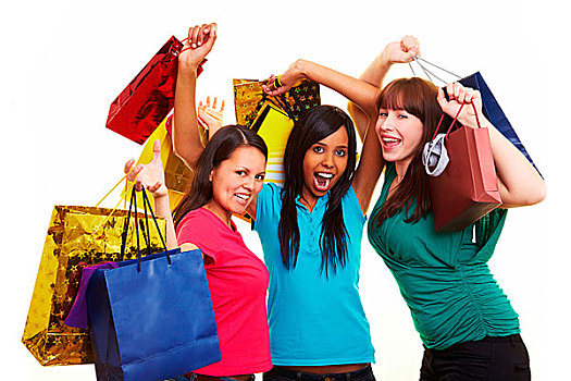 三个,高兴,女青年,许多,彩色,购物袋