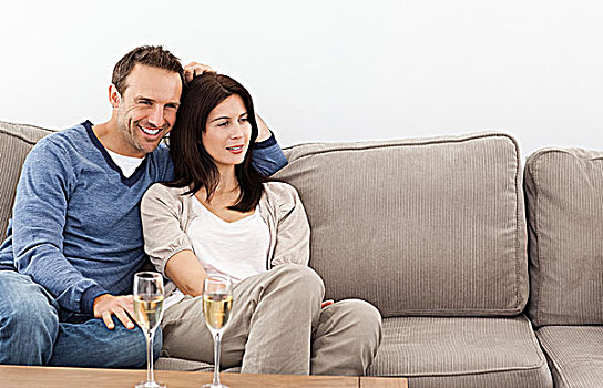 放松,伴侣,看电视,喝,香槟,沙发