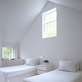 白色,卧室,单人床,阁楼,窗,山墙,墙壁