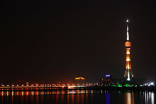 河南洛阳电视台和橡皮坝夜景