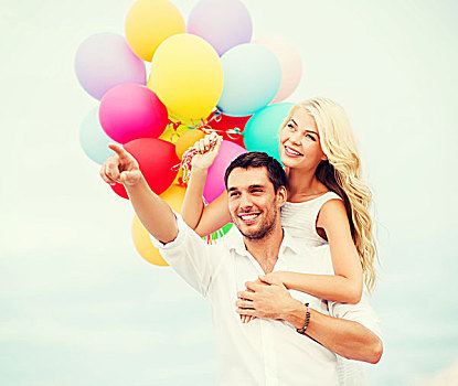 暑假,庆贺,约会,概念,情侣,彩色,气球,海上