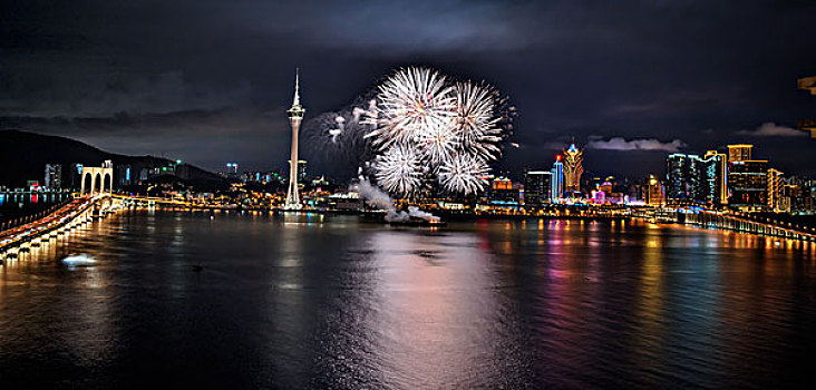 澳门,海面,夜景,灯光,大桥,烟花