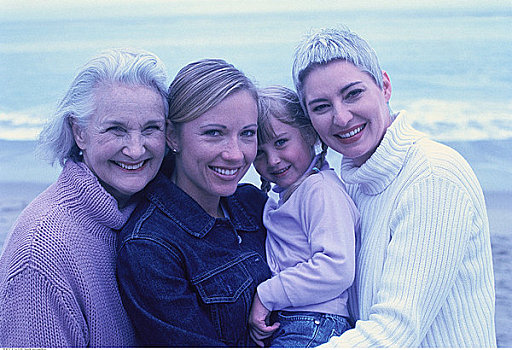 肖像,四代人,女人,海滩