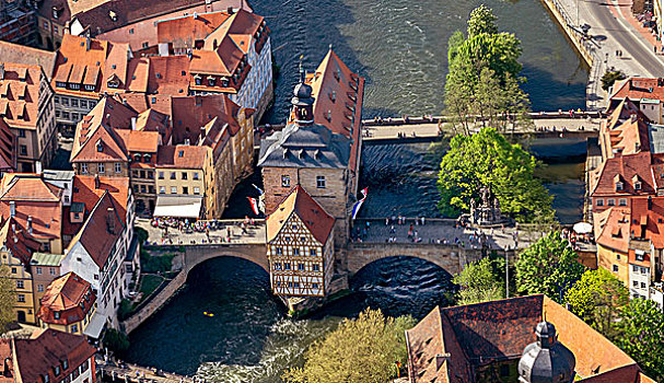 航拍,老市政厅,干流,班贝格,上弗兰科尼亚,巴伐利亚,德国,欧洲