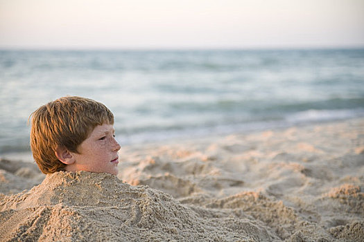 男孩,掩埋,沙子,海滩,印地安那,密歇根湖,美国