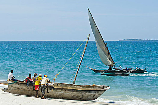 渔民,传统,独木舟,桑给巴尔岛,坦桑尼亚,非洲