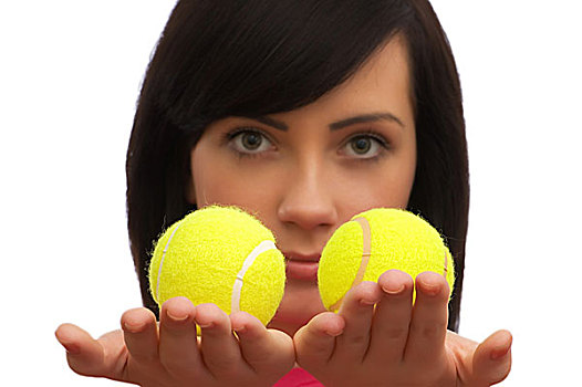 女孩,拿着,两个,网球,白色背景