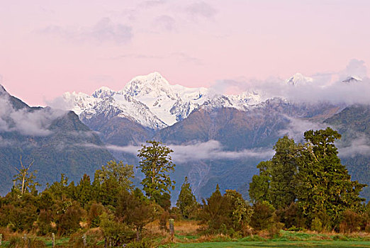 风景,山,山脉,雪,遮盖,顶峰,福克斯冰川,西区国家公园,南阿尔卑斯山,南岛,新西兰